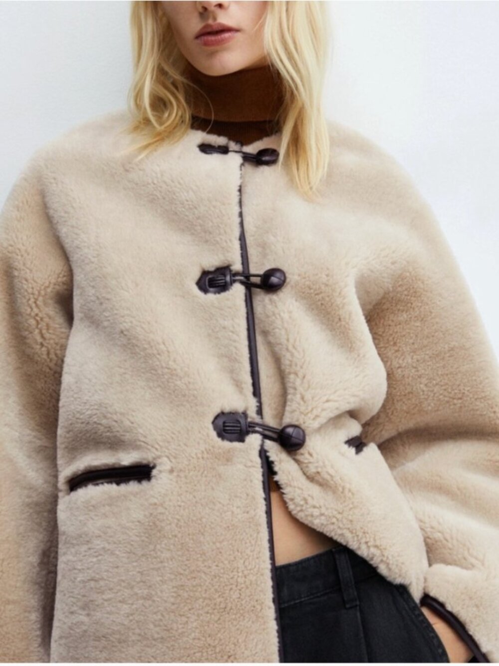 Mango NWT Chaqueta Bethoven Jacket Faux Shearling Vegan Leather Trim Toggle Coat